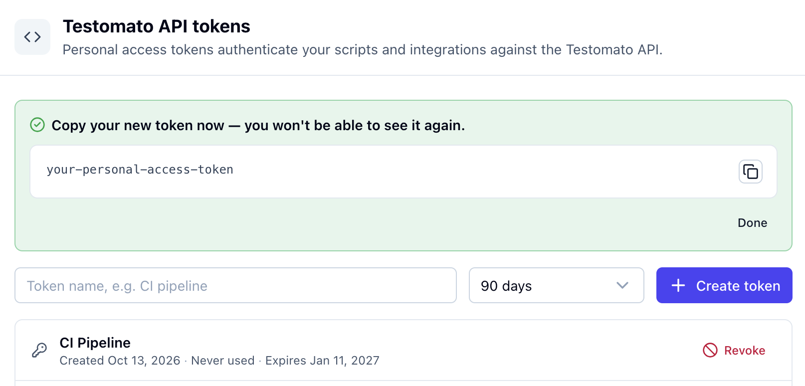New token shown once, with a copy button