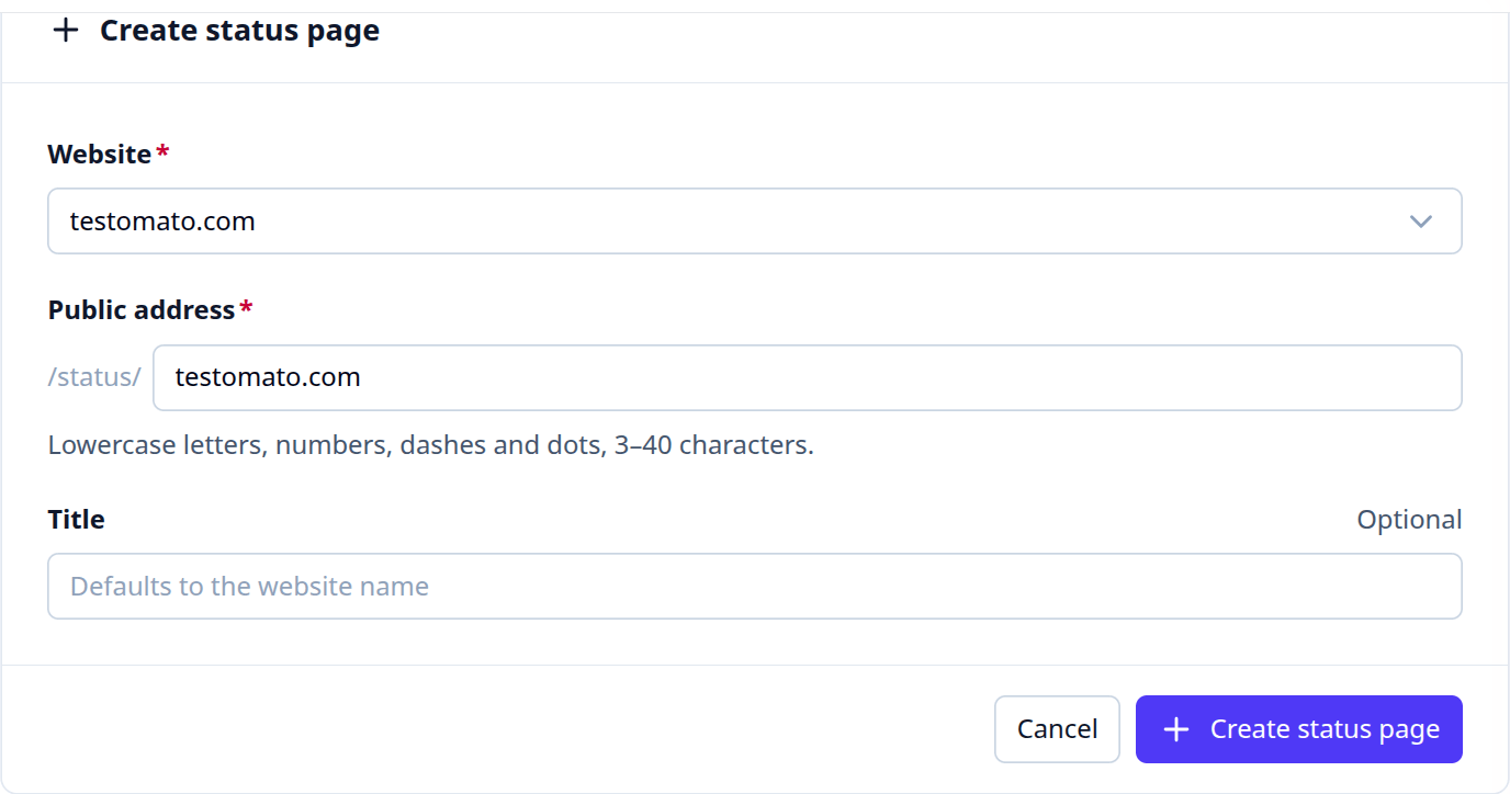 The Create status page form with the Website, Public address and Title fields