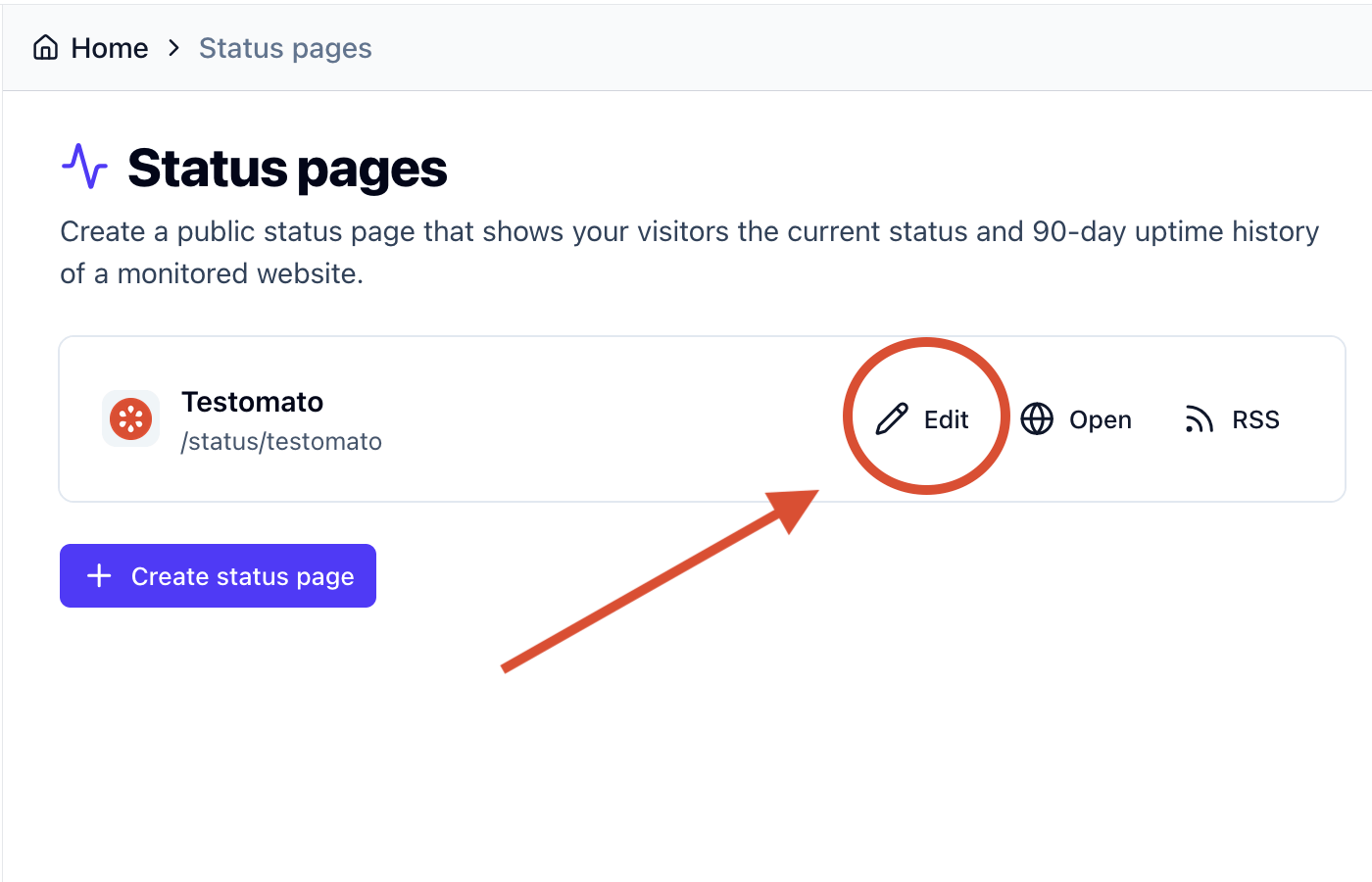 The Status pages list with Edit, Open and RSS buttons next to a page