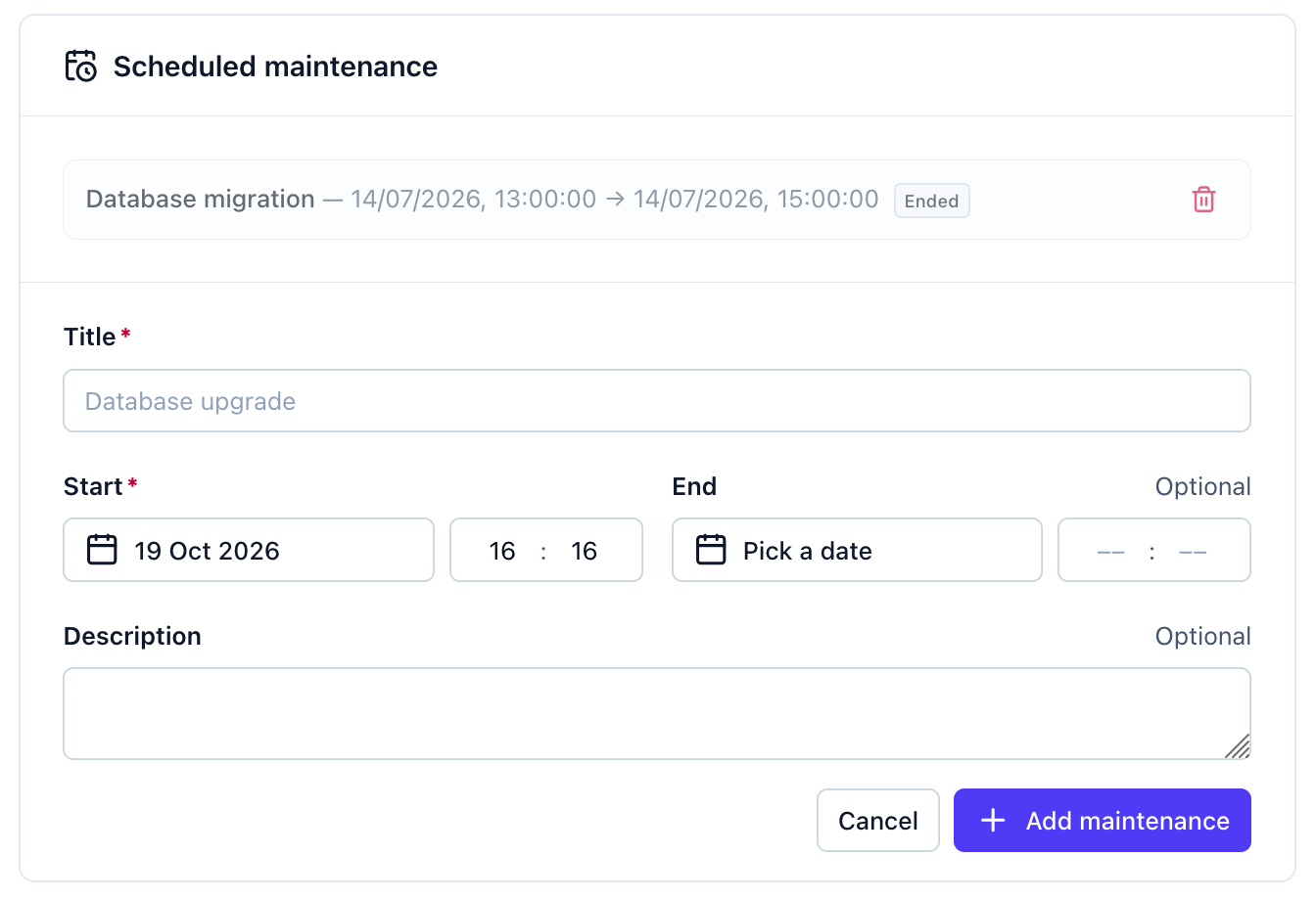 The Scheduled maintenance form with Title, Start, End and Description fields, below an ended entry