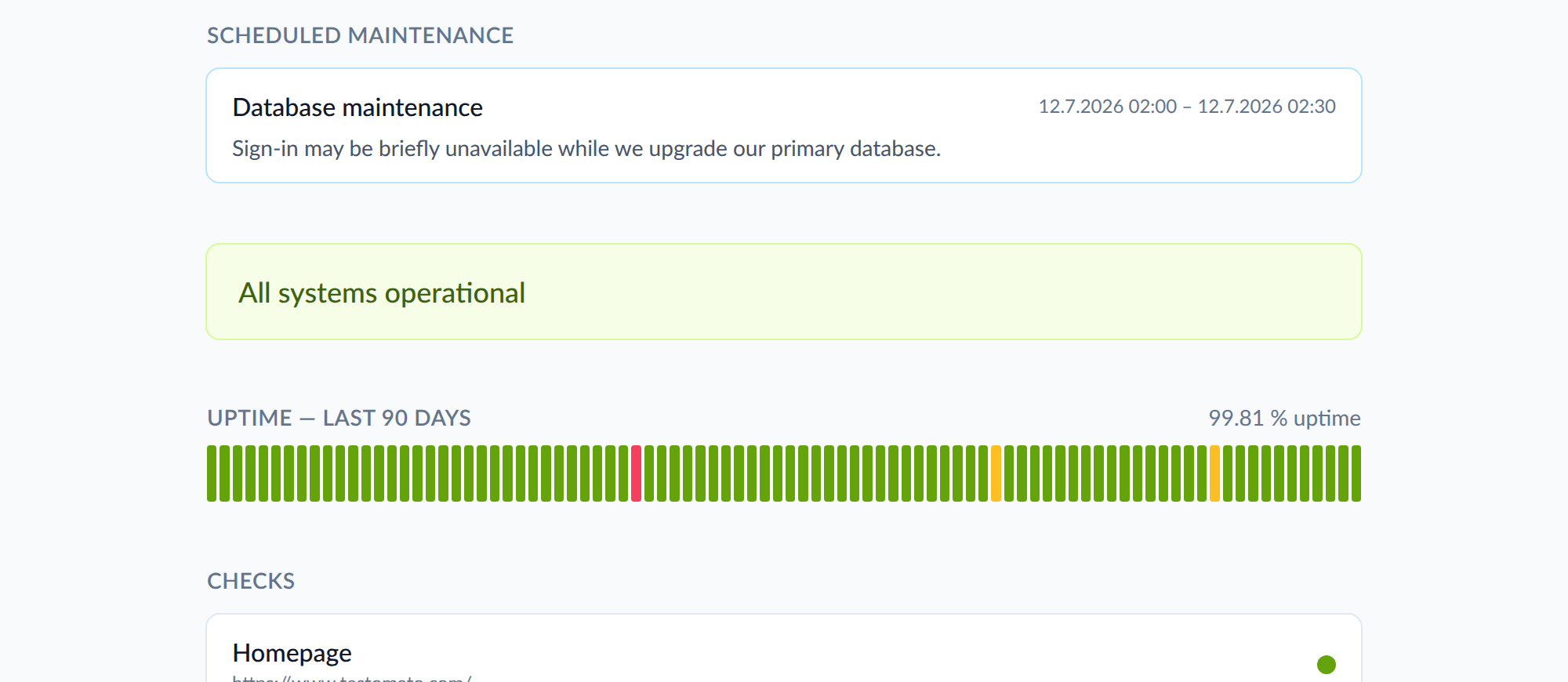 A scheduled maintenance entry shown above the status banner