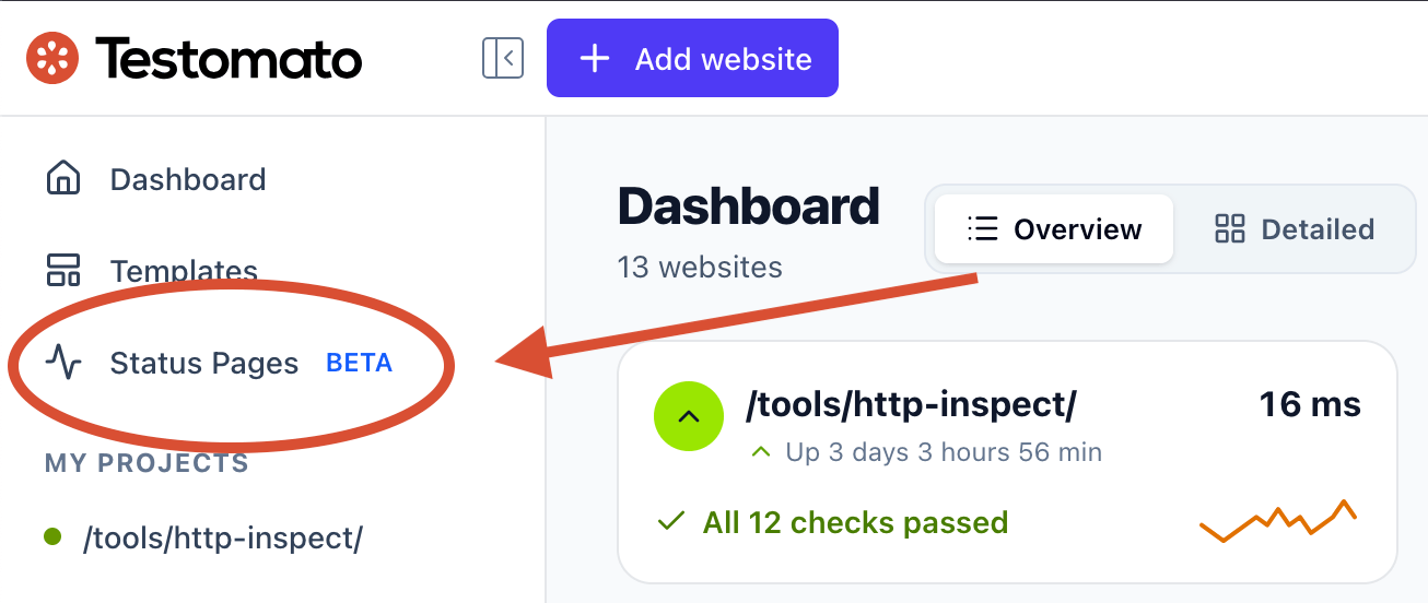 The left menu with Status Pages below Dashboard and Templates