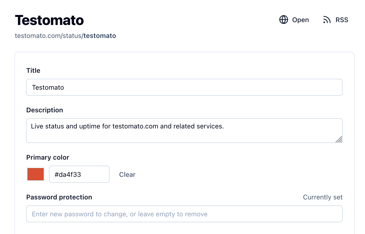 The edit form with the Title, Description, Primary color and Password protection fields