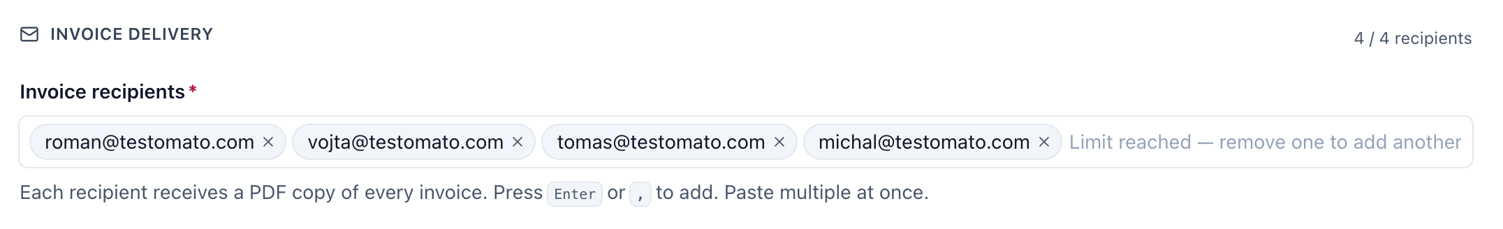 Invoice delivery section with the Invoice recipients field listing four email addresses