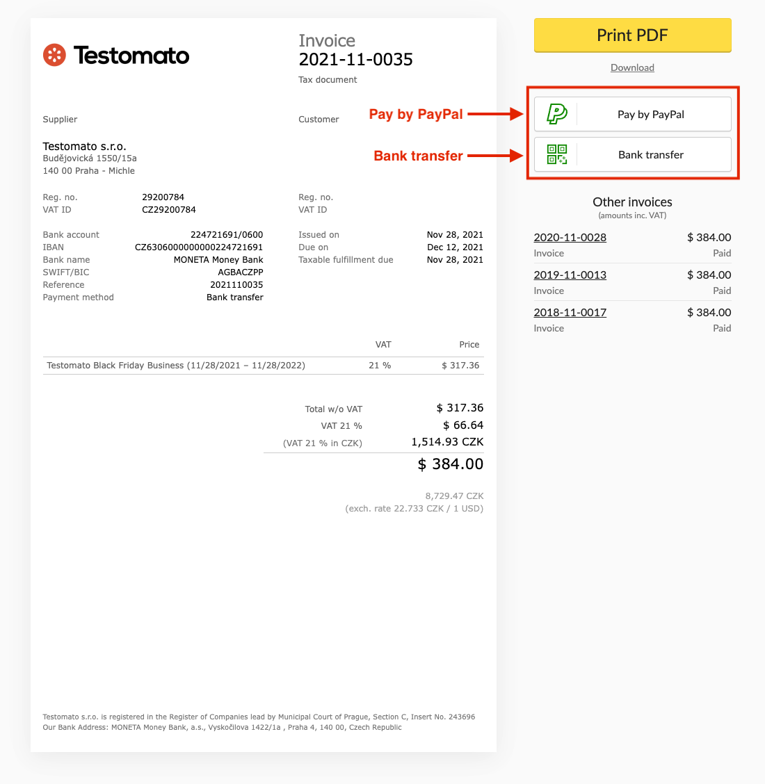 Testomato invoice screenshot with red callouts pointing to the Pay by PayPal and Bank transfer buttons
