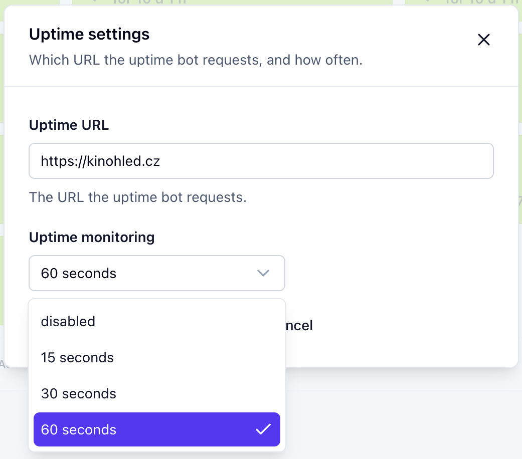 The Uptime settings dialog with the Uptime monitoring menu open on the disabled option