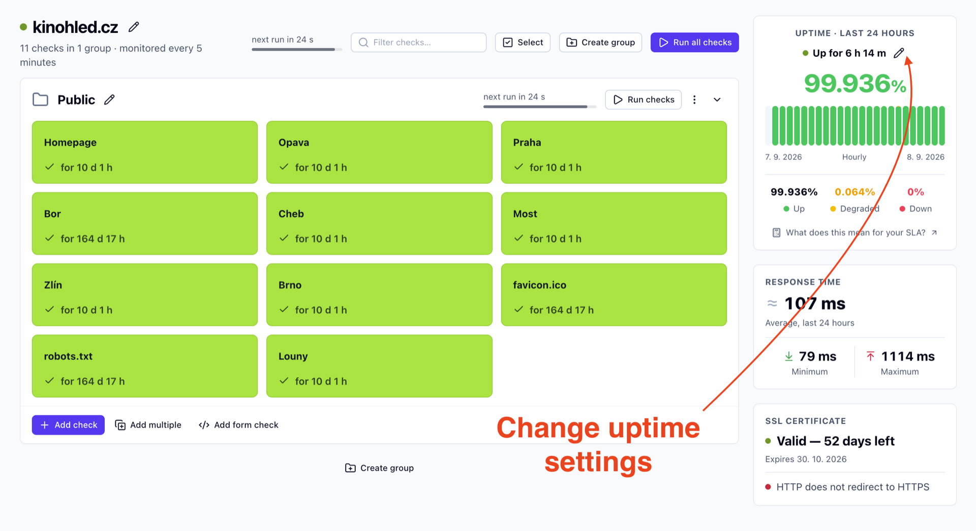 Testomato project page with a red callout pointing to the pencil beside the uptime status
