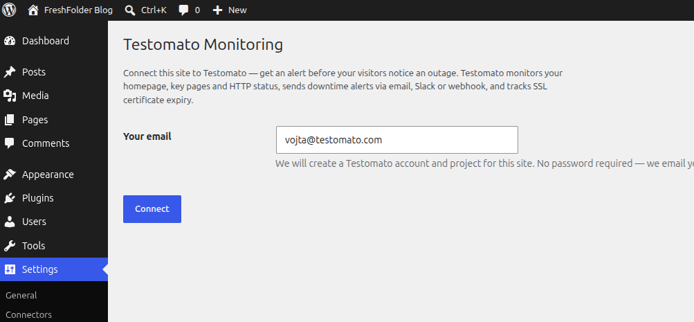 The Testomato Monitoring connect form in WordPress settings