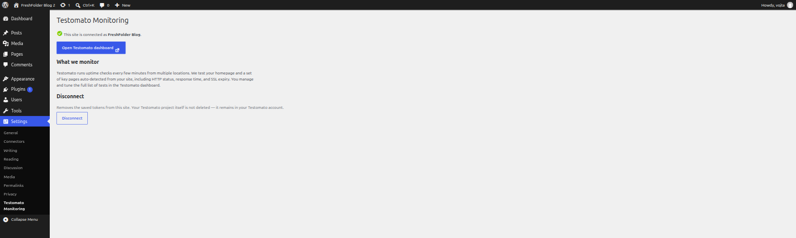 The Testomato Monitoring settings page after connecting